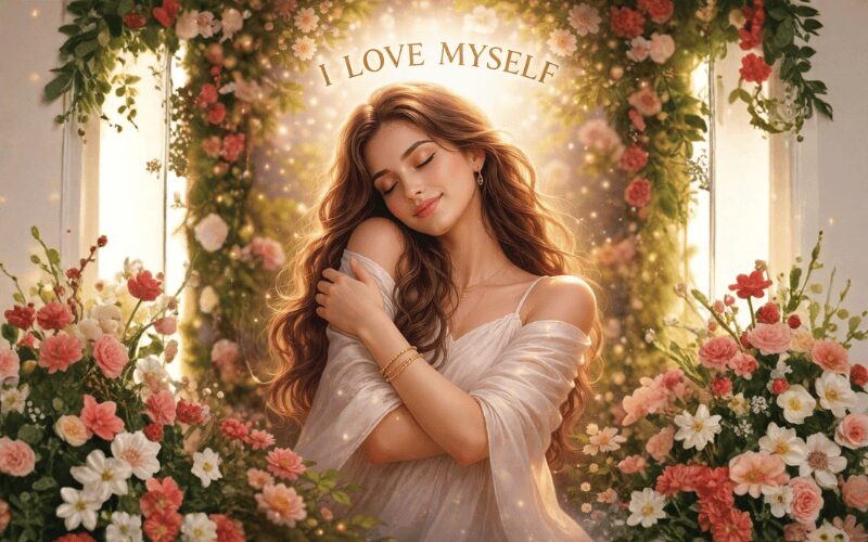 žena v bielych šatoch s dlhými tmavými vlasmi sa objíma. Vôkol nej sú biele, ruživé a červené kvety. Nad ňou je nadpis - I love myself - milujem samú seba. Očí má zatvorené, úsmev na perách, vlasy jej žiaria svetlom. Vie, že sa miluje a je milovaná. Sebaláska.